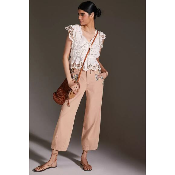 Anthropologie Top Womens Medium? Lace V-Neck Blouse Boxy Cream Peplum - Picture 3 of 12